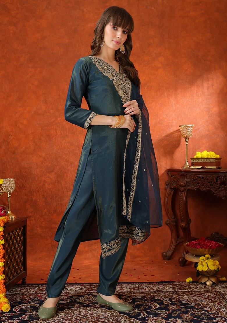 Teal Blue Embroidery Chanderi Kurta Set - Indya