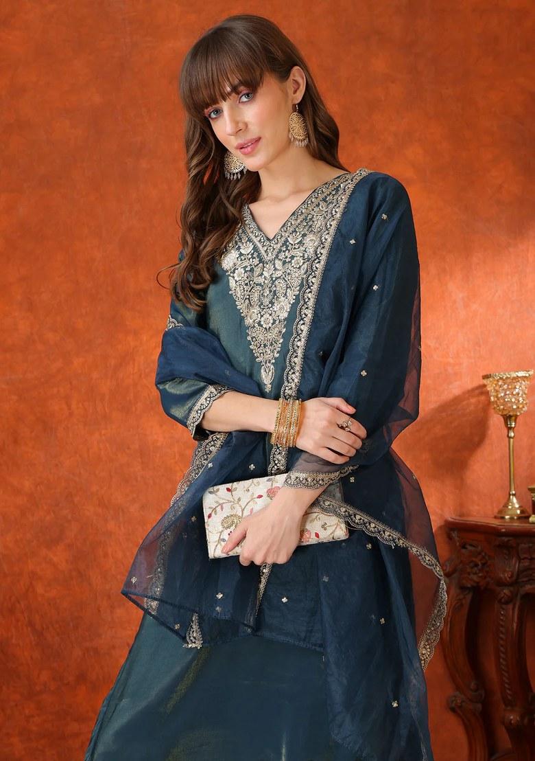 Teal Blue Embroidery Chanderi Kurta Set - Indya