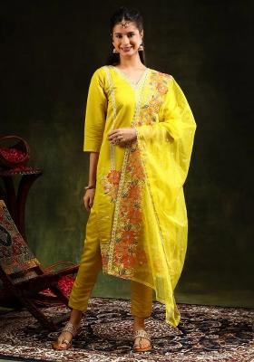 Yellow Embroidery Chanderi Kurta Set