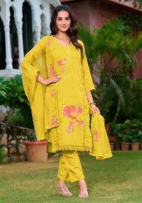 Yellow Embroidery Chanderi Kurta Set