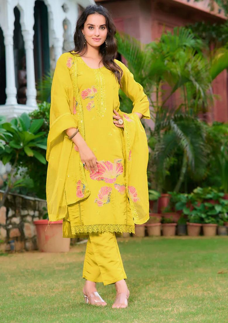 Yellow Embroidery Chanderi Kurta Set - Indya