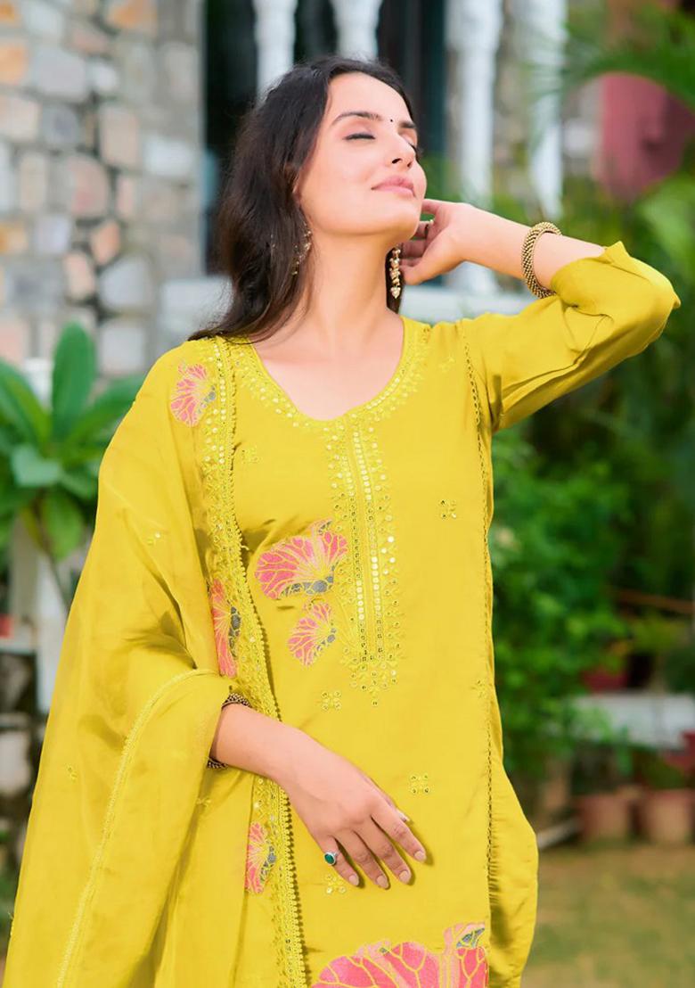 Yellow Embroidery Chanderi Kurta Set - Indya