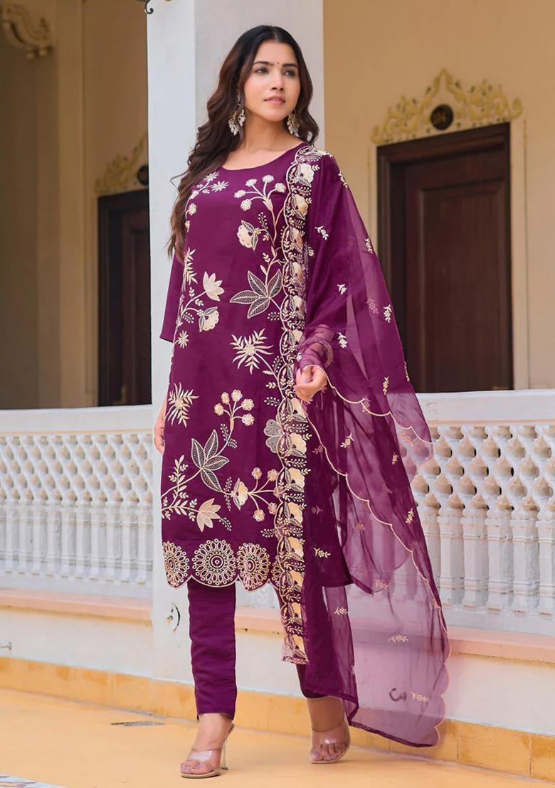 Purple Embroidery Chanderi Kurta Set - Indya