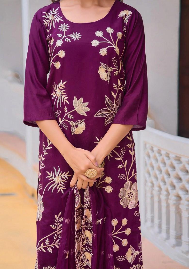 Purple Embroidery Chanderi Kurta Set - Indya