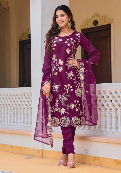 Purple Embroidery Chanderi Kurta Set