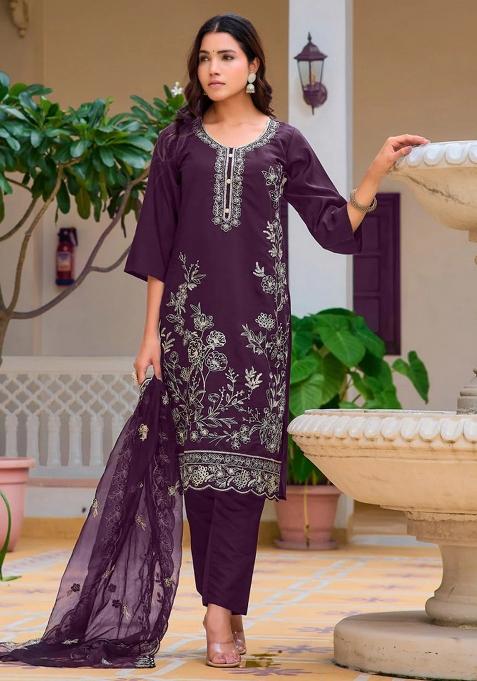 Wine Embroidery Chanderi Kurta Set