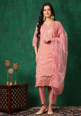 Pink Embroidery Chanderi Kurta Set