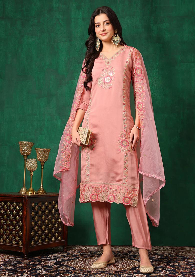 Pink Embroidery Chanderi Kurta Set - Indya