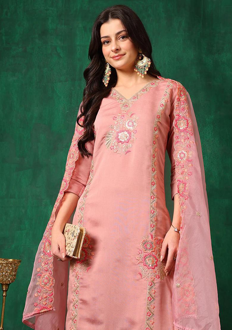 Pink Embroidery Chanderi Kurta Set - Indya