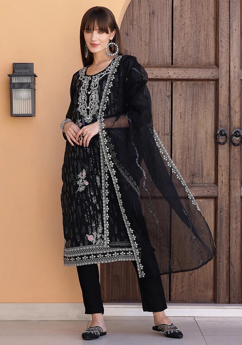 Black Embroidery Organza Kurta Set - Indya