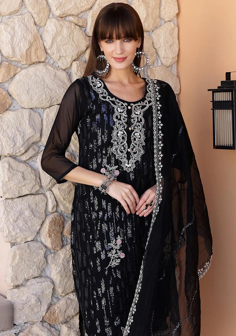 Black Embroidery Organza Kurta Set - Indya