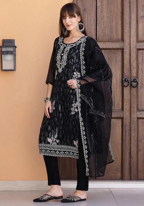 Black Embroidery Organza Kurta Set