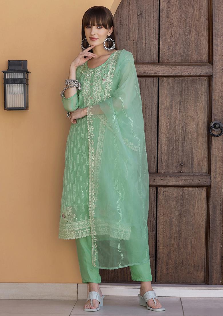 Green Embroidery Organza Kurta Set - Indya