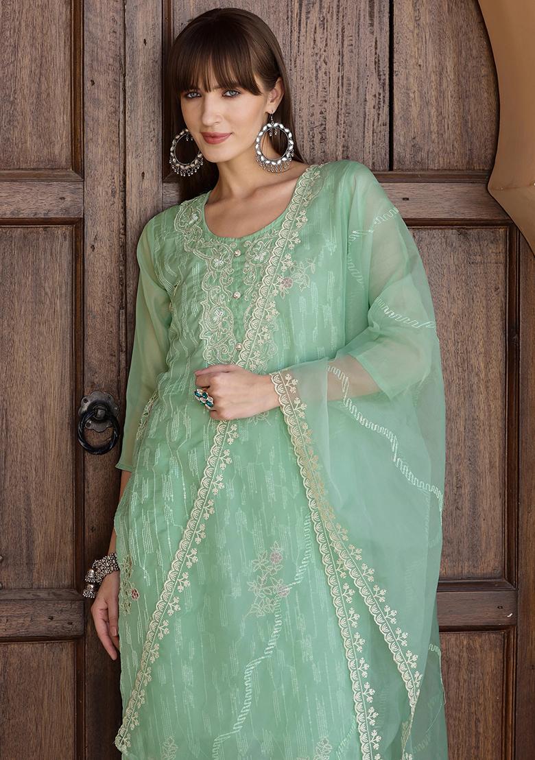 Green Embroidery Organza Kurta Set - Indya