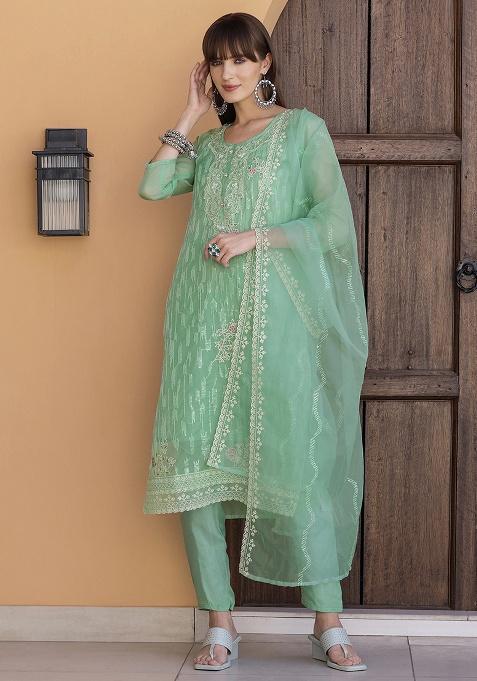 Green Embroidery Organza Kurta Set