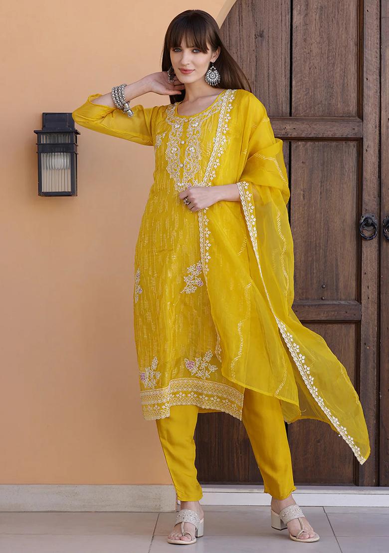 Yellow Embroidery Organza Kurta Set - Indya