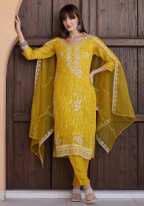 Yellow Embroidery Organza Kurta Set