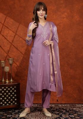 Lavender Embroidery Chanderi Kurta Set