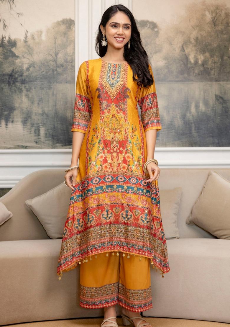 Mustard Embroidery Silk Kurta Set - Indya