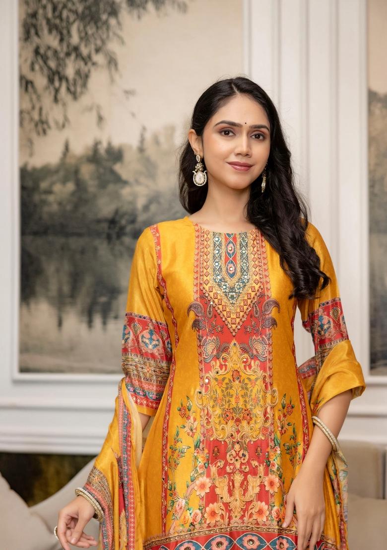 Mustard Embroidery Silk Kurta Set - Indya