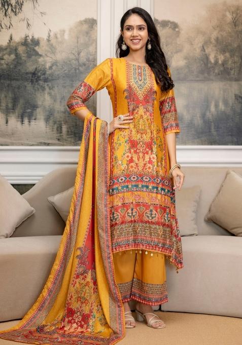 Mustard Embroidery Silk Kurta Set