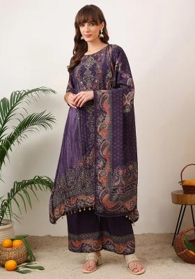 Purple Embroidery Silk Kurta Set