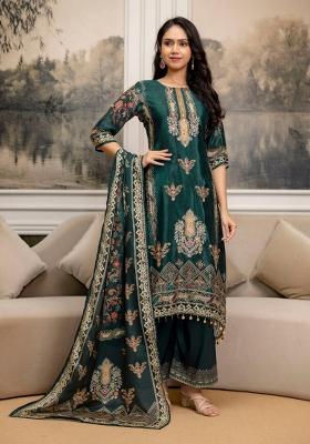Teal Blue Embroidery Silk Kurta Set
