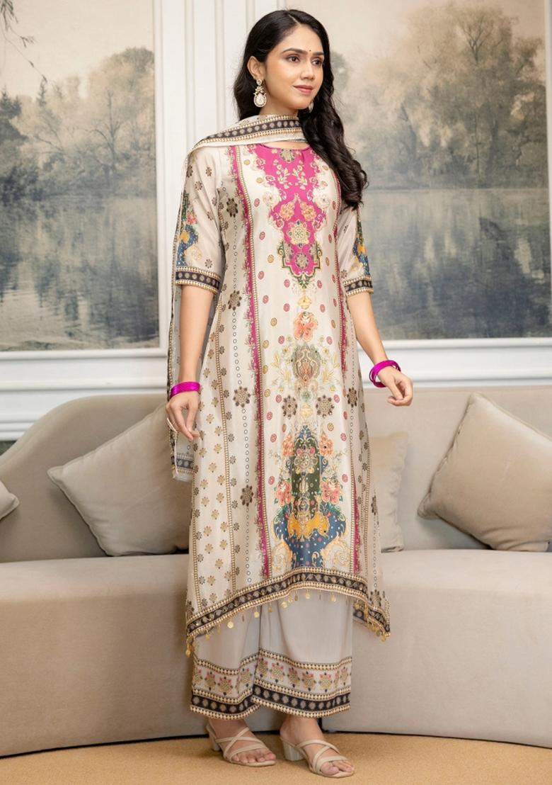 White Embroidery Silk Kurta Set - Indya
