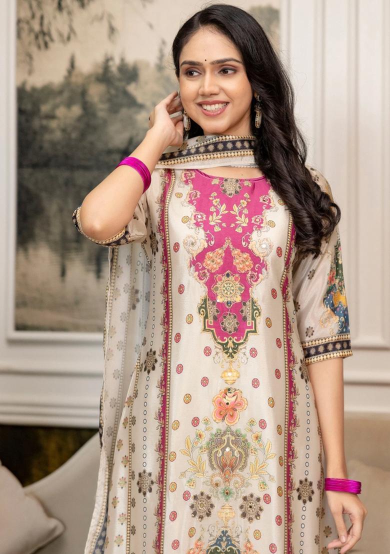 White Embroidery Silk Kurta Set - Indya