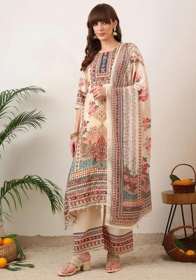 Cream Embroidery Silk Kurta Set