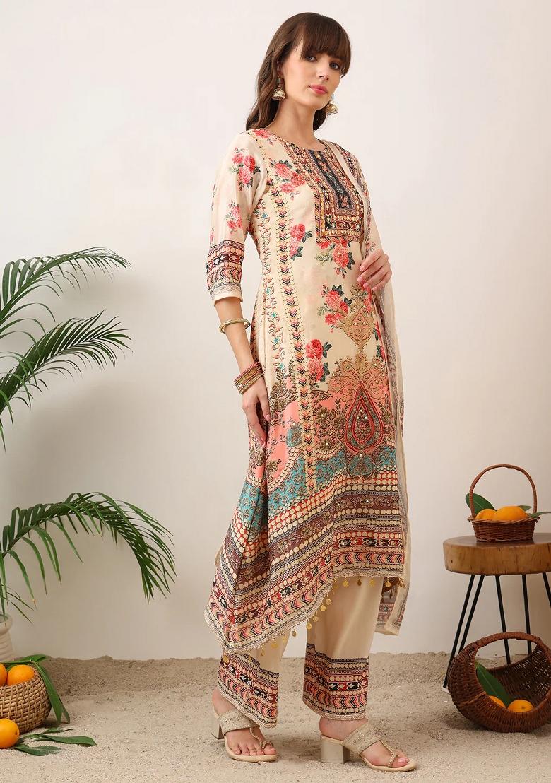 Cream Embroidery Silk Kurta Set - Indya