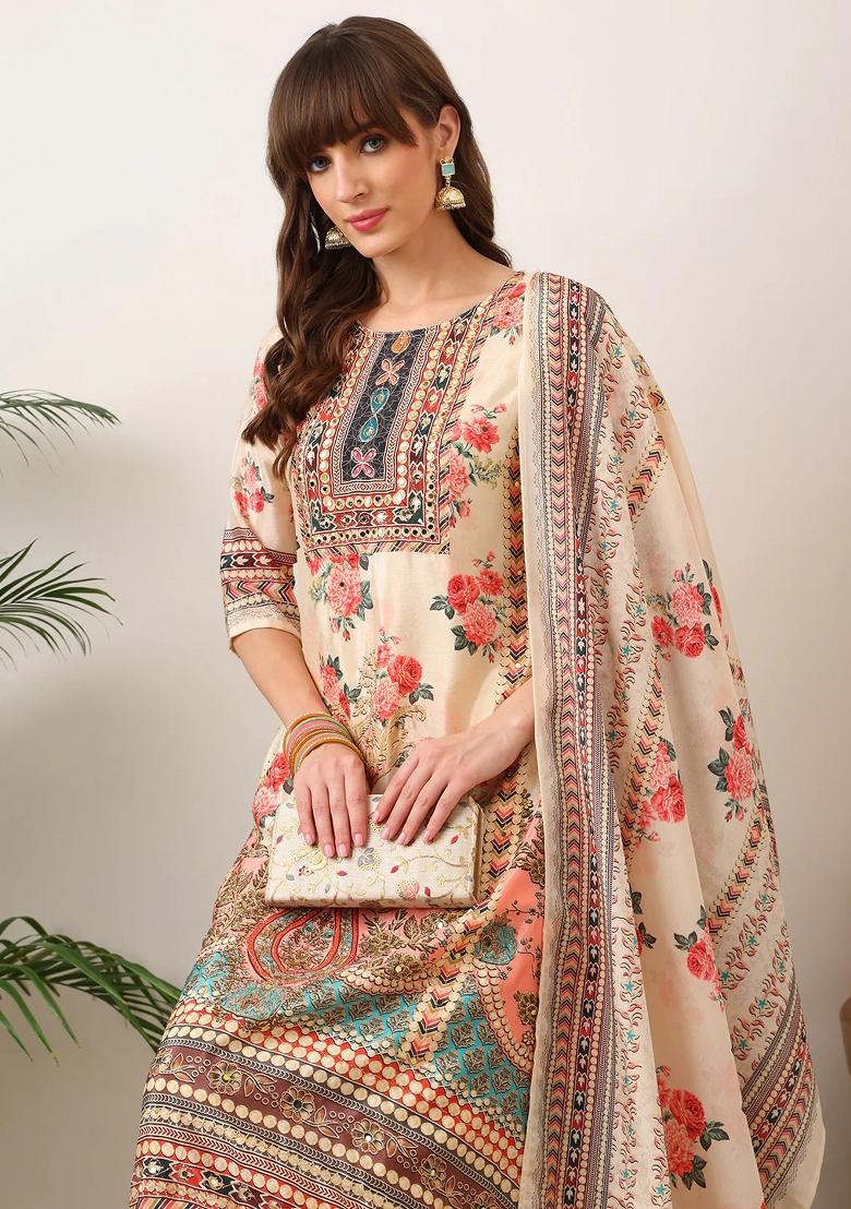 Cream Embroidery Silk Kurta Set - Indya