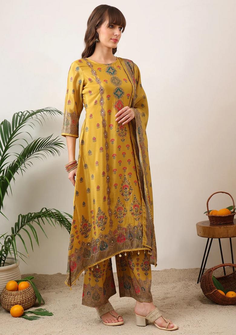 Mustard Embroidery Silk Kurta Set - Indya