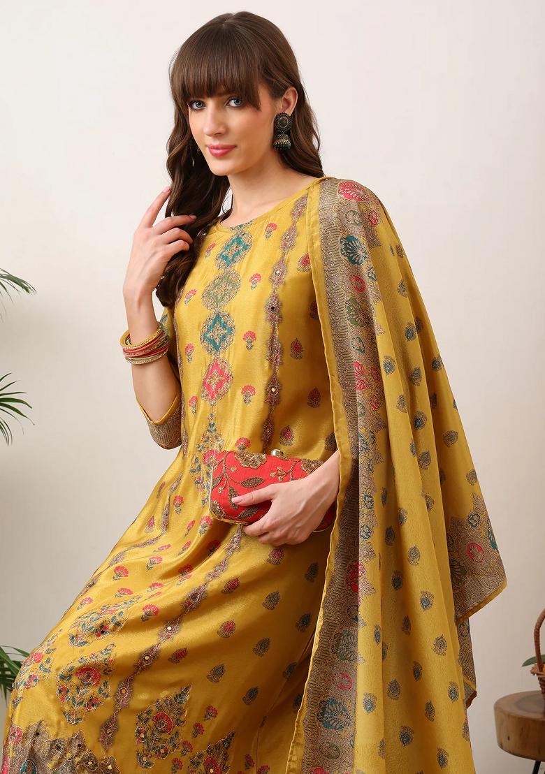 Mustard Embroidery Silk Kurta Set - Indya