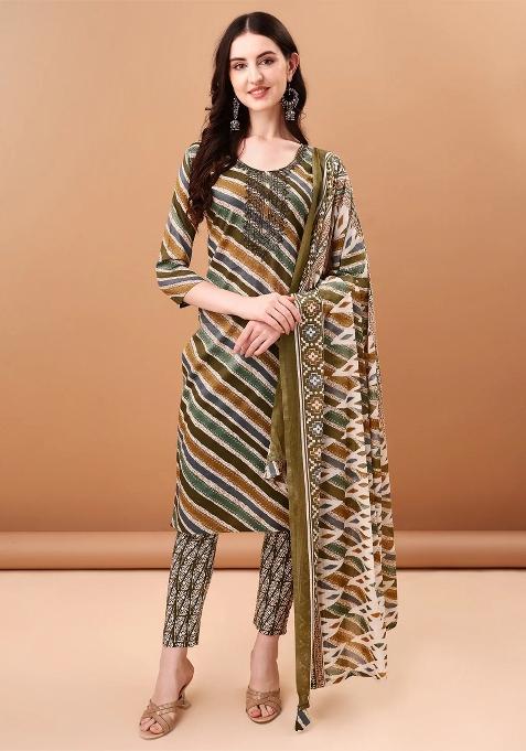 Green Embroidery Cotton Kurta Set