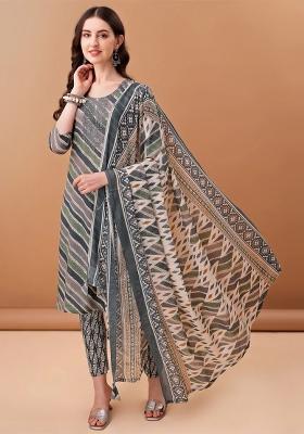 Grey Embroidery Cotton Kurta Set