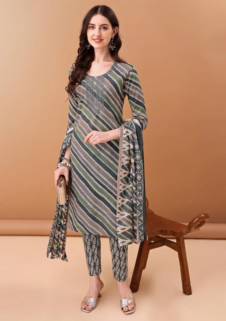 Grey Embroidery Cotton Kurta Set - Indya