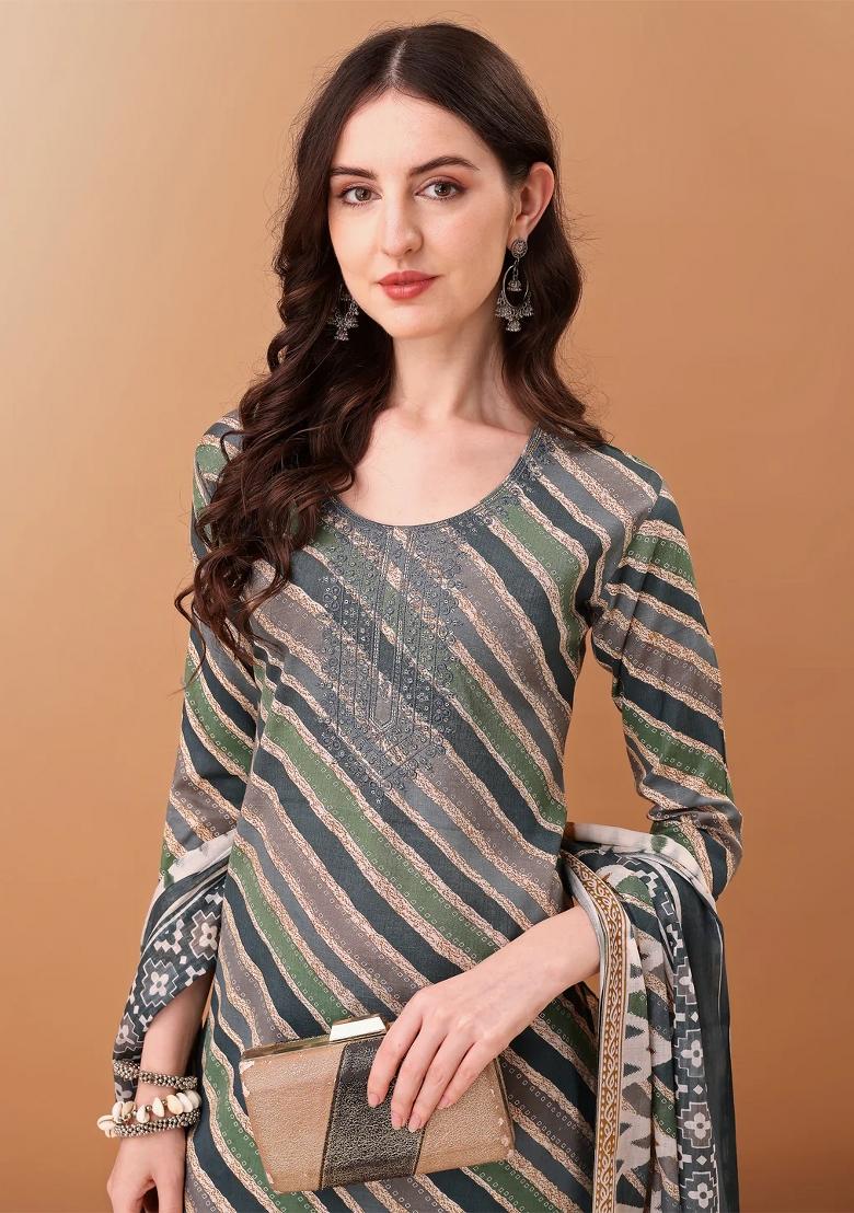 Grey Embroidery Cotton Kurta Set - Indya