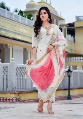 White Embroidery Chanderi Kurta Set