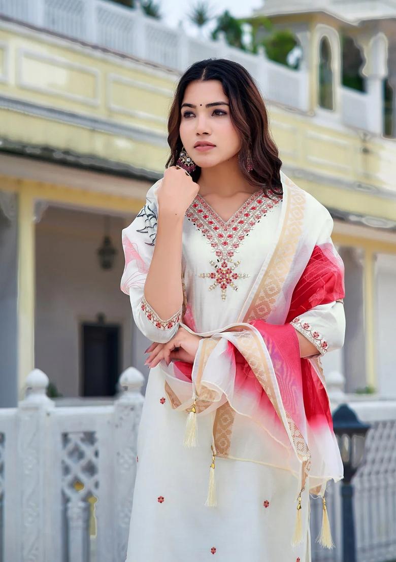 White Embroidery Chanderi Kurta Set - Indya