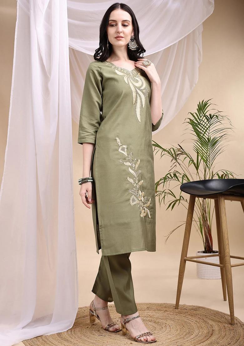 Olive Embroidery Chanderi Kurta Set - Indya