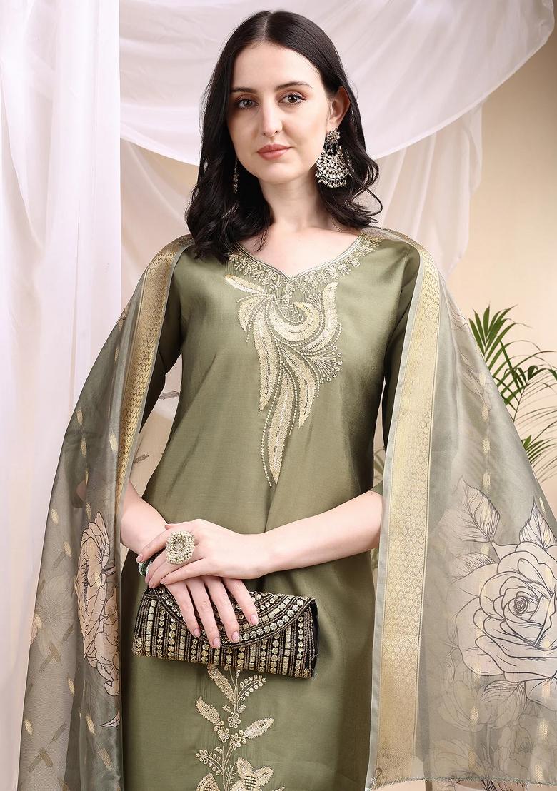 Olive Embroidery Chanderi Kurta Set - Indya