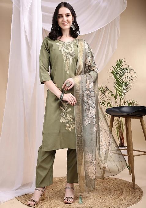 Olive Embroidery Chanderi Kurta Set