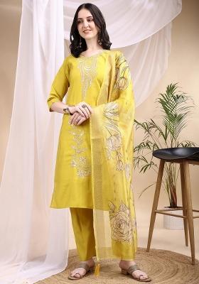 Yellow Embroidery Chanderi Kurta Set