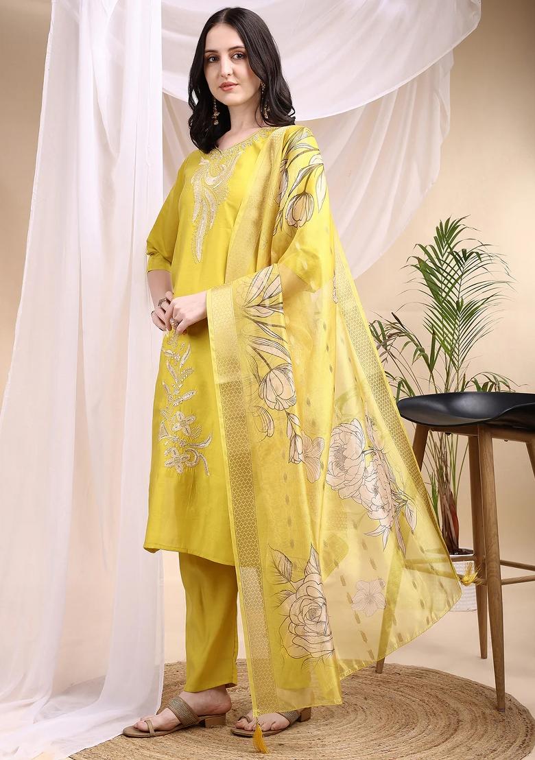 Yellow Embroidery Chanderi Kurta Set - Indya