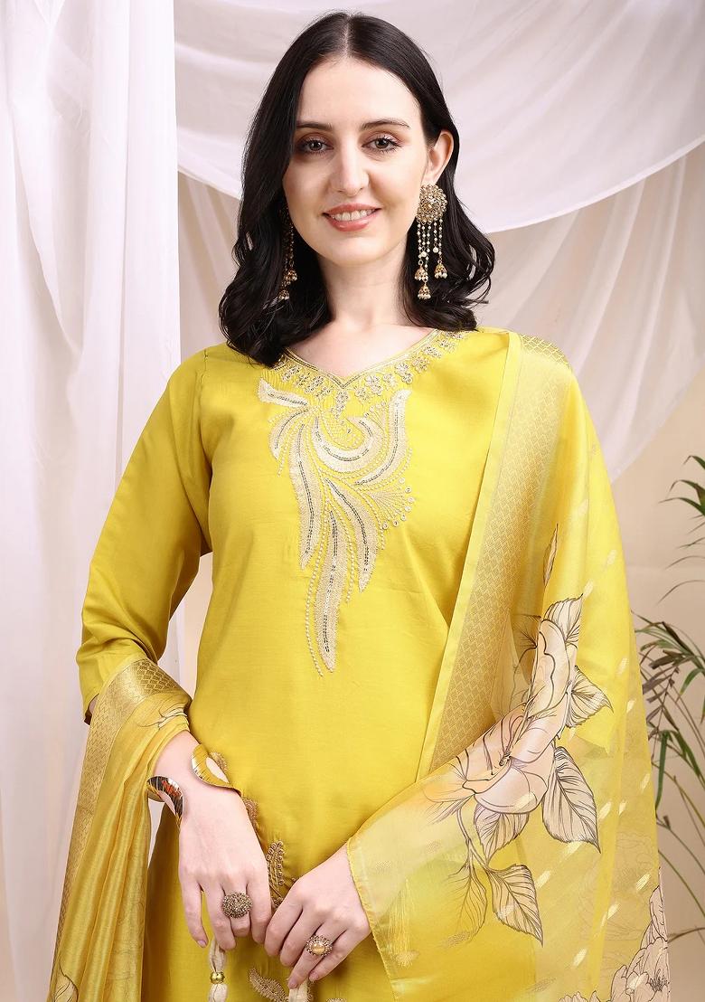 Yellow Embroidery Chanderi Kurta Set - Indya