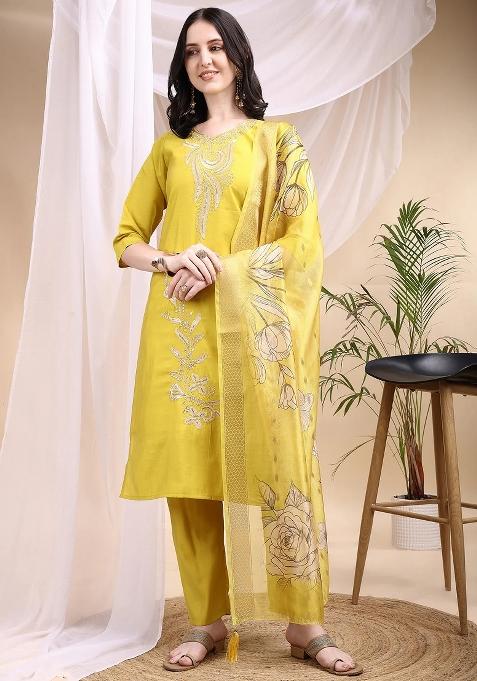 Yellow Embroidery Chanderi Kurta Set