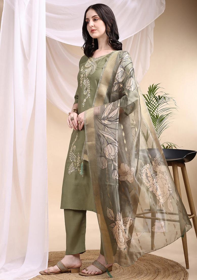 Olive Embroidery Chanderi Kurta Set - Indya