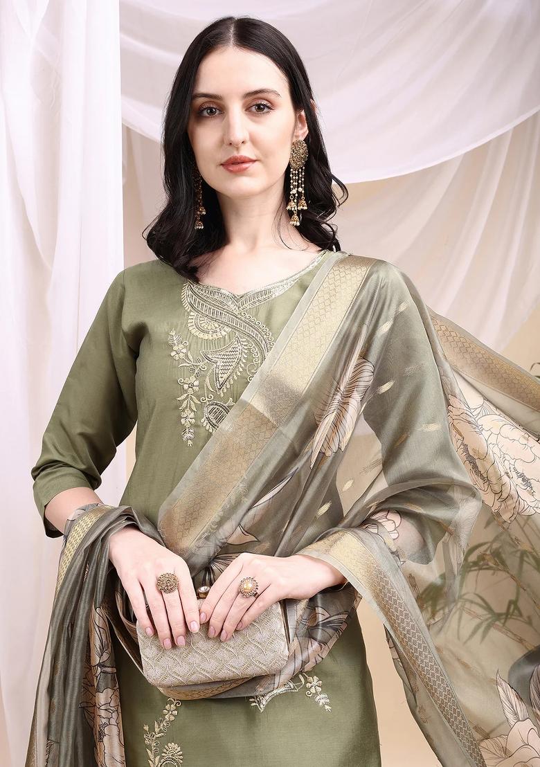 Olive Embroidery Chanderi Kurta Set - Indya