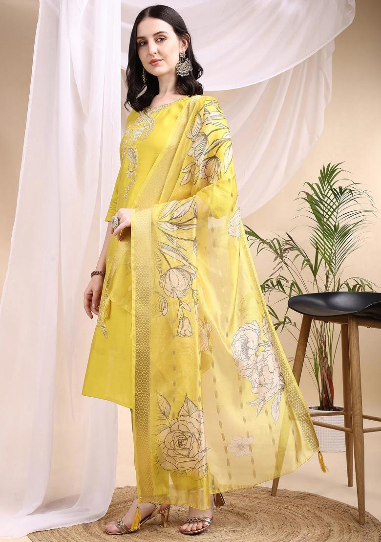 Yellow Embroidery Chanderi Kurta Set - Indya